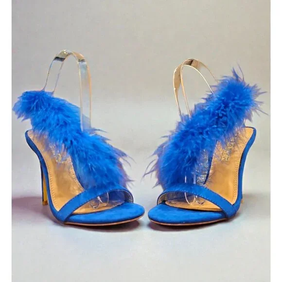 Blue Feather High Heel Slingback Open Toe Sandals