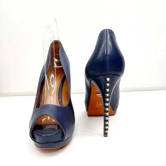 CARRANO Peep Toe Studded Heel Blue Platform‎ Pumps 9