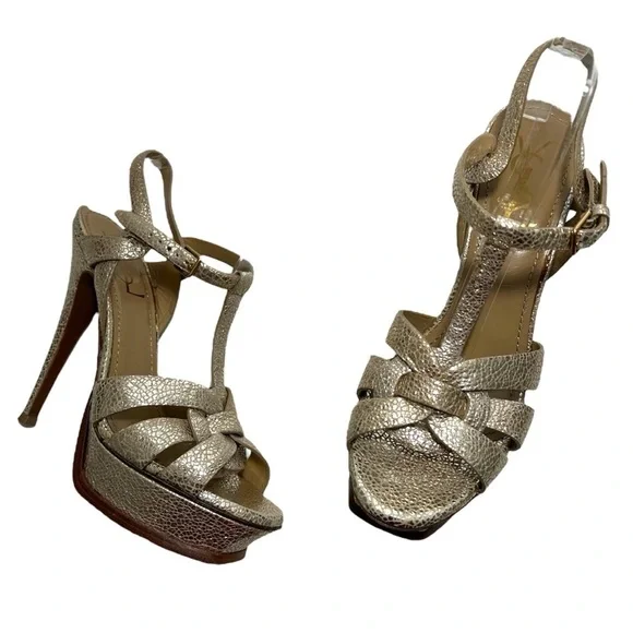 Saint Laurent Tribute High-Heel Leather Sandal in Metallic Gold size 40 | US 10