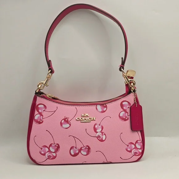 COACH Pink Cherry Print Shoulder Bag with Gold Hardware