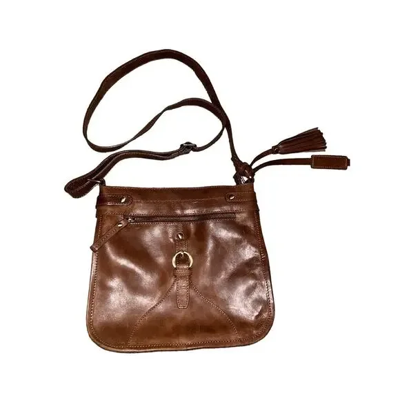 Diba True Women Brown Leather Zipper‎ Outer Pockets Crossbody Strap Shoulder Bag