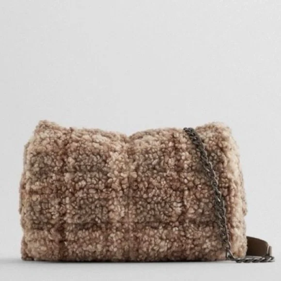 Zara Faux Fur Checkered Textured Brown Sherpa Women's Bag