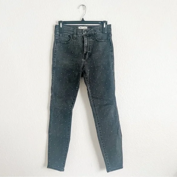 Madewell 26 Waist Black Skinny Jeans with Gold Embroidered Polka Dots 10” Rise
