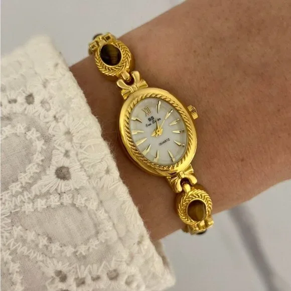 Sku 0449‎ gold white mini watch bracelet with brown natural stone inserts