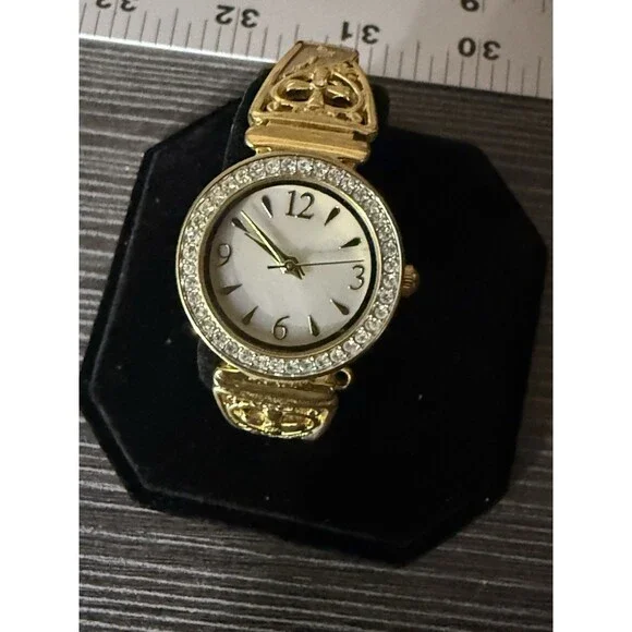 Mother Of Pearl Womens Gold Tone Cross Watch Stretch Christian Band New Battery