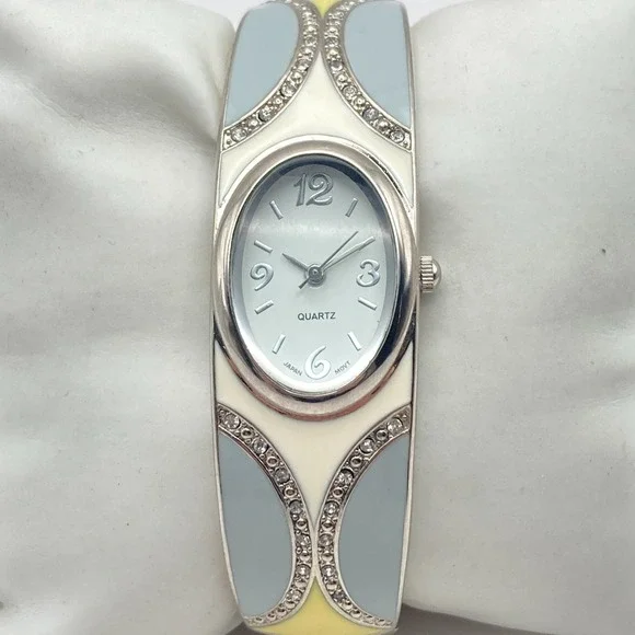 Modern Womens Watch Cuff Crystals Silver Tone Oval Enamel Look New Battery 6.75