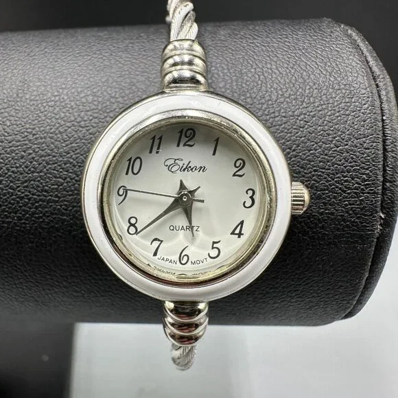 Eikon Watch Womens Silver Tone White Twisted Cable Band New Battery 6.25
