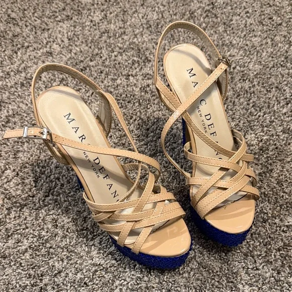 Marc Defang Tan and Blue Rhinestone Women's Heels Size 7