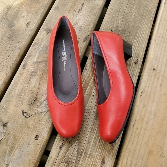 SAS Regina Red Leather Block‎ Low Heel Round Toe Comfort Pumps 8