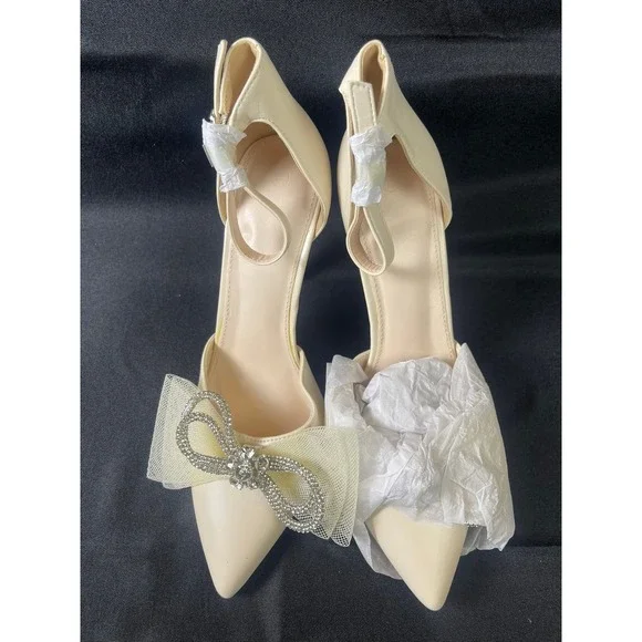 Cream Pointed Toe Ankle Strap Pumps Rhinestone Mesh Bow Stiletto Heels Size 7.5