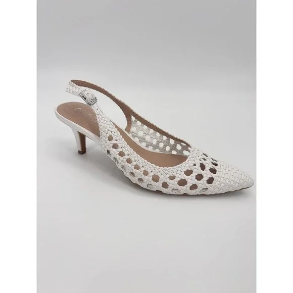B15 Alfani Babbsy Woven Slingback Heels 8 White Pointed Toe Kitten Heel Dressy
