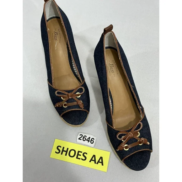 Womans Bass Anne 9.5 M Blue Denim Slip On Open Toe Espadrille Wedge Shoes