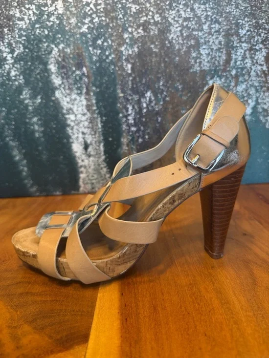 Cole Haan early 2000s Quiet Luxury Leather Cork Platform Heels Tan Silver GUC
