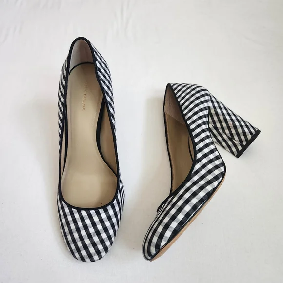 Ann Taylor gingham block heel‎ pumps heels shoes black white round toe 8.5