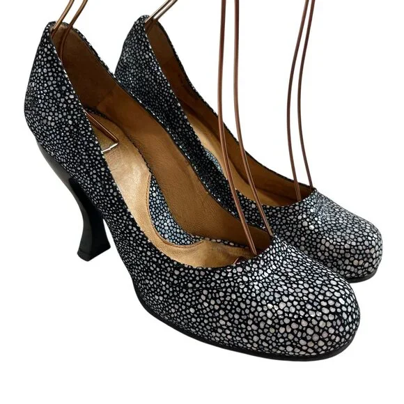 John Fluevog Attentions Paris classic pumps black suede speckled blue high heels
