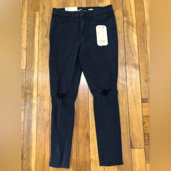 Seven7 Tummy Less Black Distressed Skinny Jeans High Rise Ripped Knee