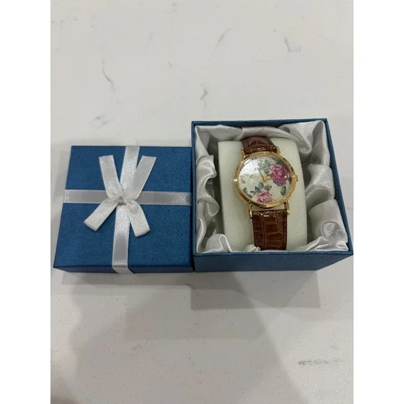 Strada Womens Gold Tone Floral Dial Watch Brown Croc Embossed Strap with Box