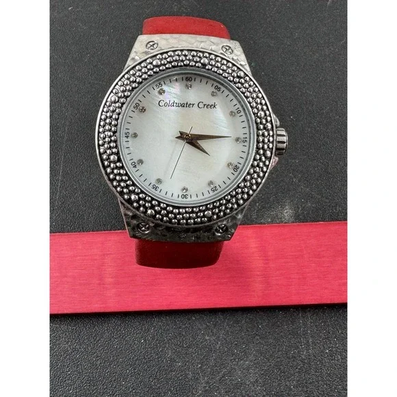 Coldwater Creek round rhinestone bezel pink cuff band watch works