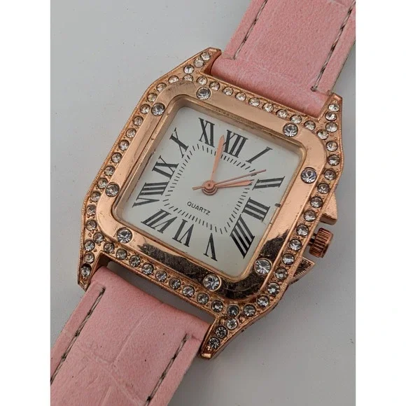 Women's Quartz Watch 32mm Rose Gold Case Rhinestones Pink Band- New Battery
