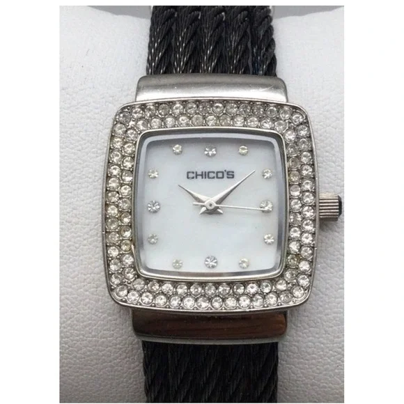 Chicos Square Crystal Accented Watch Black Cable Band Mother of Pearl Dial‎