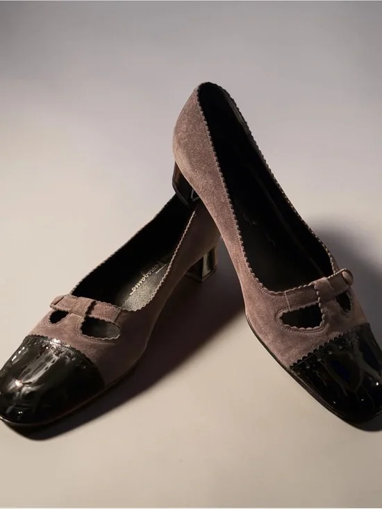 Vintage Salvatore Ferragamo Grey Suede Pumps with Black Patent Cap Toe