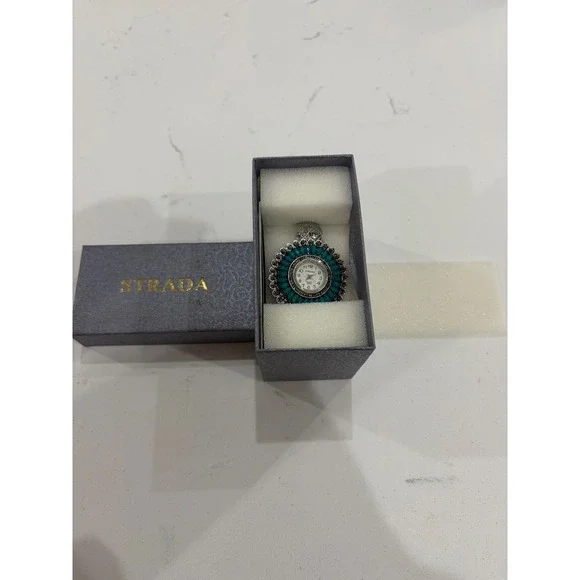 Strada Women Quartz Pendant Watch Turquoise Black Crystal Silver Tone Boho New