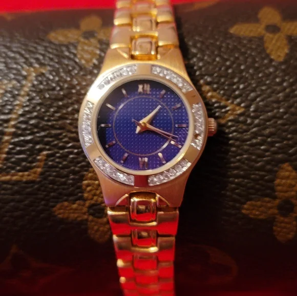 Christian Benet Goldtone Ladies Watch With Blue‎ Face & Crystals Wristwatch