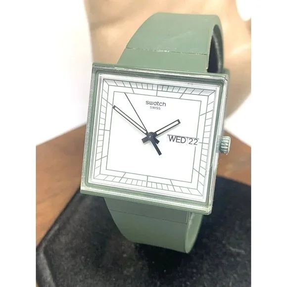 Swatch Women's Watch SO34G700 What If Swiss Quartz White Dial Green Rubber 33mm