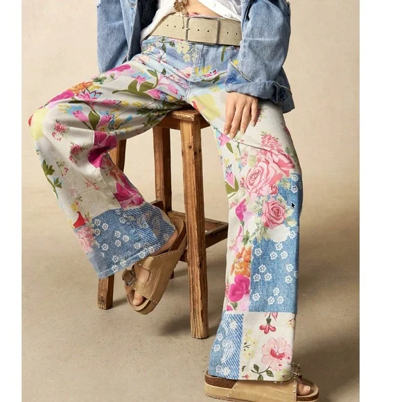 Boho Floral Print Wide leg Denim Jeans