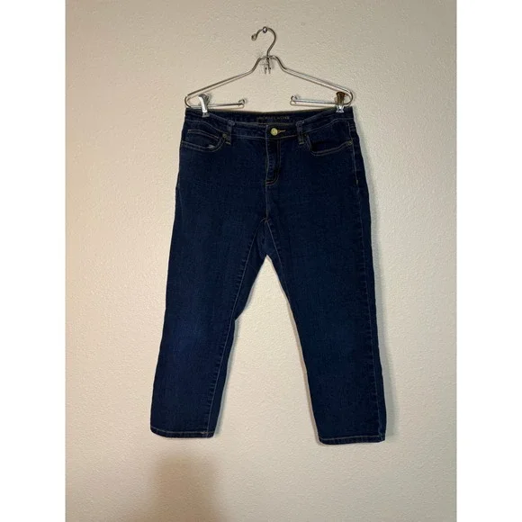 Michael Kors Womens Dark Wash Cropped Capri Jeans Blue Gold Logo Size 10