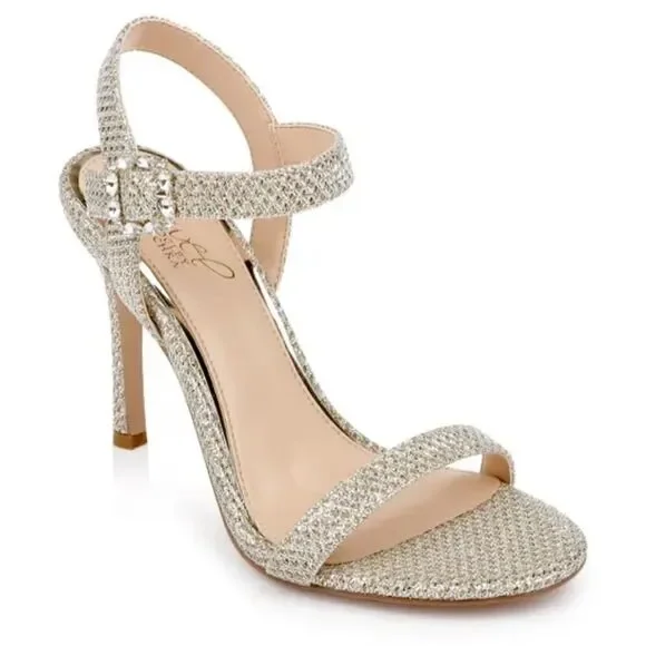 Jewel Badgely Mischka Arlina Glitter Open Toe Ankle Strap Sandal Heels Gold 8