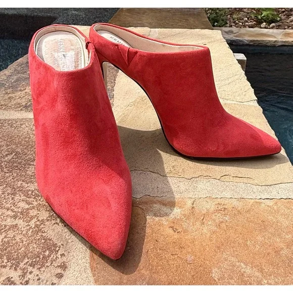 Kenneth Cole Riley Suede Mule Pumps Coral Red Pointed Toe Heels Women's 7.5M R7
