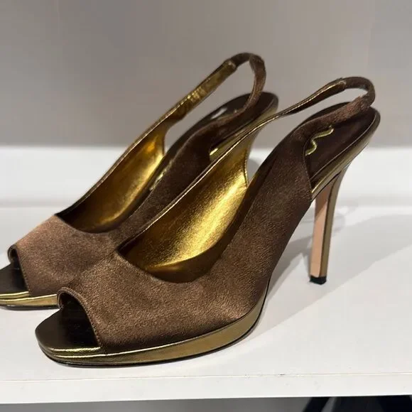 Nina Shoes Brown and Gold Peep-Toe Heels