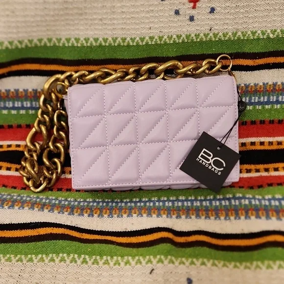 Vegan Leather Quilted Lilac Purple Mini Shoulder Bag with Heavy Brass Chain NWT