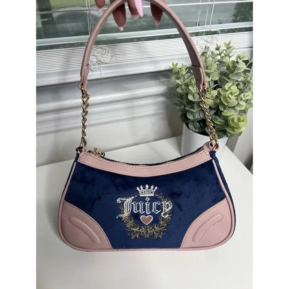 Juicy Couture Heritage Velour Shoulder Bag Regal Blue Pink Y2K Gold‎ Chain Purse