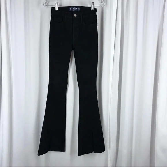 Hollister High Rise Flare Women's 00L 23x33 Jeans Denim Black Split Hem NWOT