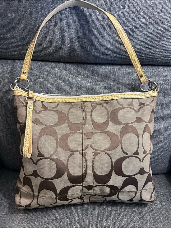 Coach Signature Jacquard Shoulder Bag with patent leather trim