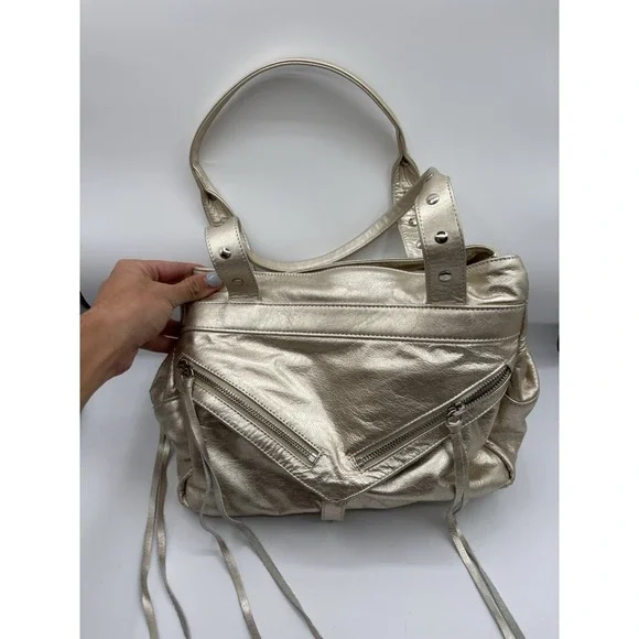 Botkier Metallic White Gold Leather Trigger Satchel‎ Purse Shoulder Bag EUC