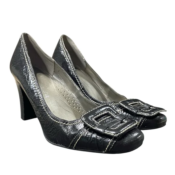 Italian Shoemakers Contesa Women 7 Pumps Square Toe Contrast Stitch Leather Blac