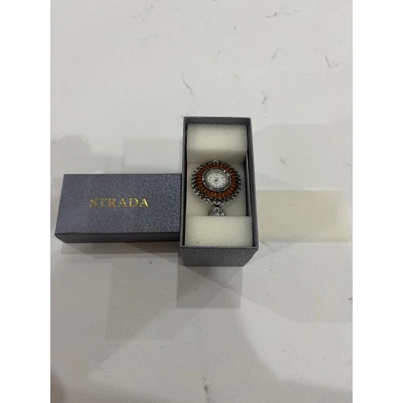 Strada Women Silver Tone Amber Stone Sunflower Ring Watch Quartz Japan Movt New