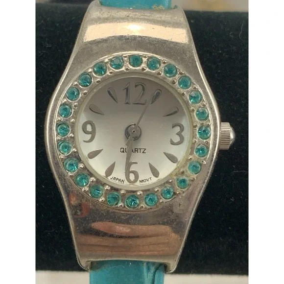 Avon December Birthstone Teal And Silver Women's Quartz‎ Cuff Watch Working