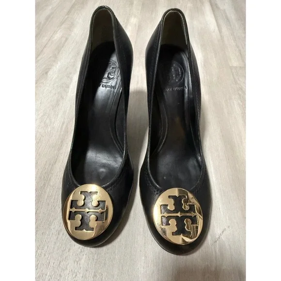 Tory Burch Reva Wedge Pumps‎ Women 7M Black Leather Gold Logo