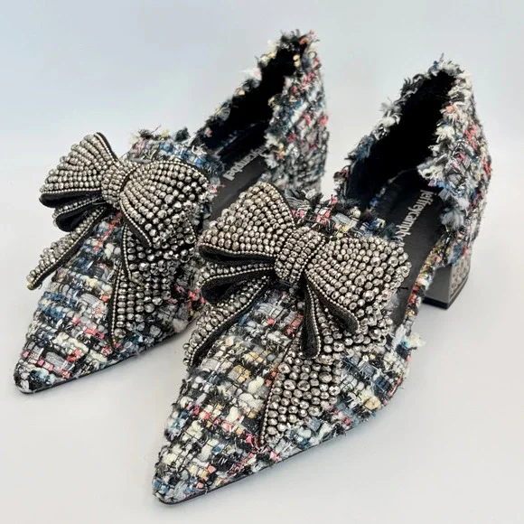 Jeffrey Campbell Valenti-J Tweed Crystal Bow Pointed Toe D'Orsay Pumps 8.5