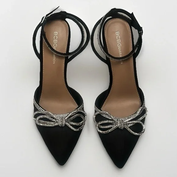 BCBGeneration Black Satin Heels Rhinestone Bows Pointed Toe Shoes Womens Sz 9.5
