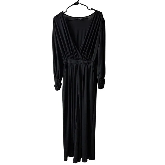 Amaryllis Black V Neck‎ Long Sleeve Ruched Waist Jumpsuit Womens Medium