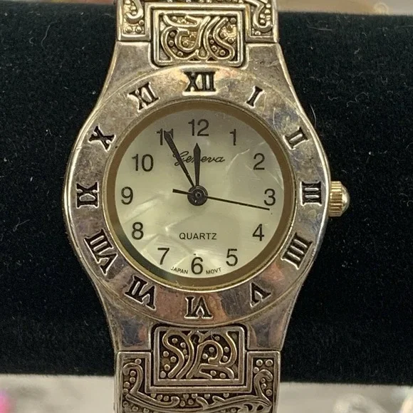 Women's Geneva Bracelet Cuff Watch Steel Design Roman 22mm Fit 6in Working