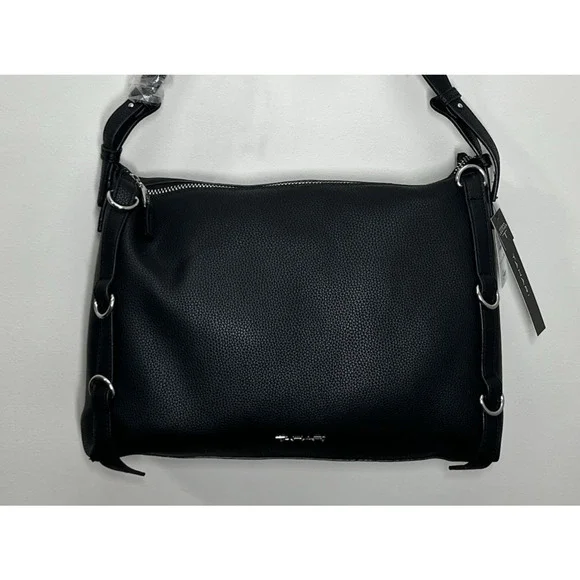 Tahari Avery Vegan Leather Hobo Bag Black Zip Top Large Tote Handbag