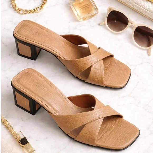 BY FAR Pablo Leather Square Toe Mule Heels Nude Croc EU41 US 10.5 Designer Italy