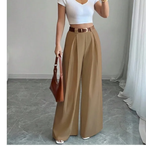 Classic Solid Stretchy Waist Pleated Pockets Wide leg Trouser Pants