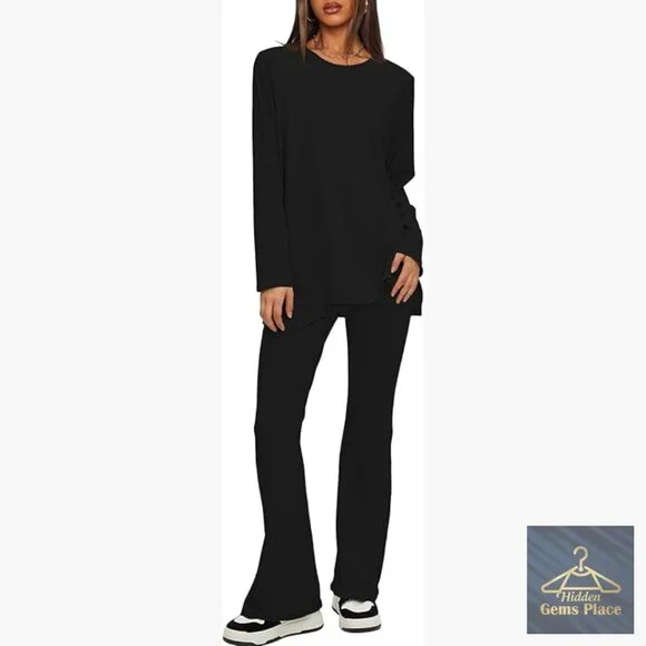 2 Piece Lounge Set Cross Waist Flare Pants Long Sleeve Tunic Top